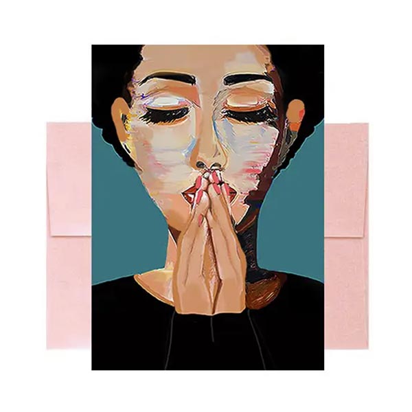 Greeting card showing lady with praying hands and pink envelope