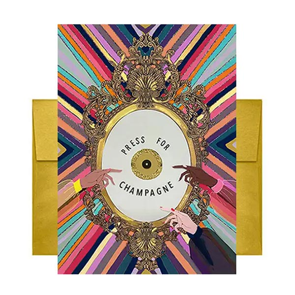 Decorative greeting card with gold frame, colorful striped background, and text 'Press for Champagne'.