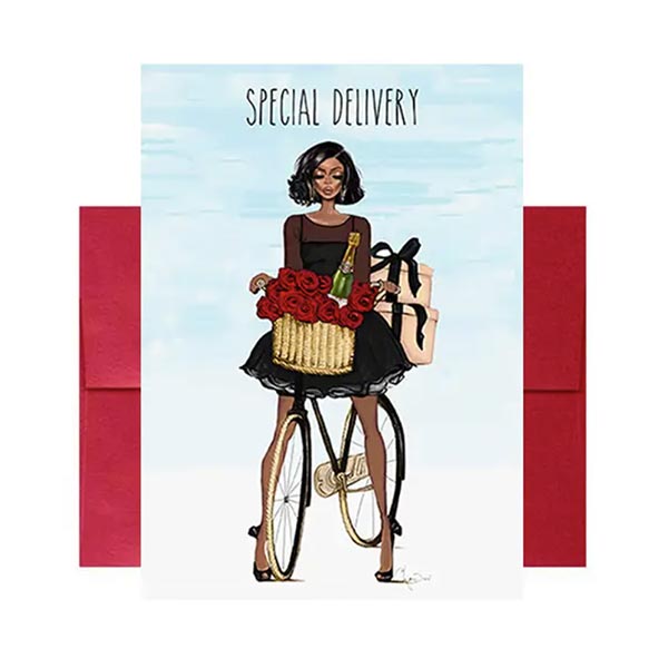 Greeting card with illustration of a woman on a bike carrying gifts, with 'Special Delivery' text.