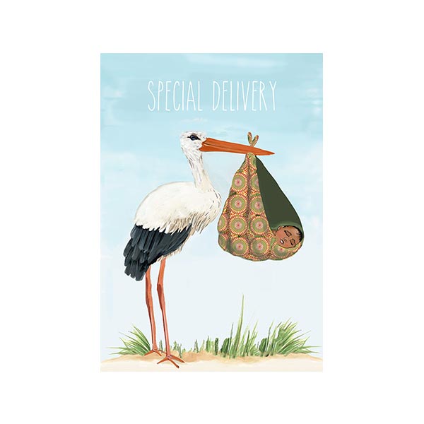 Greeting card with illustration of a stork carrying a new baby and 'Special Delivery' text