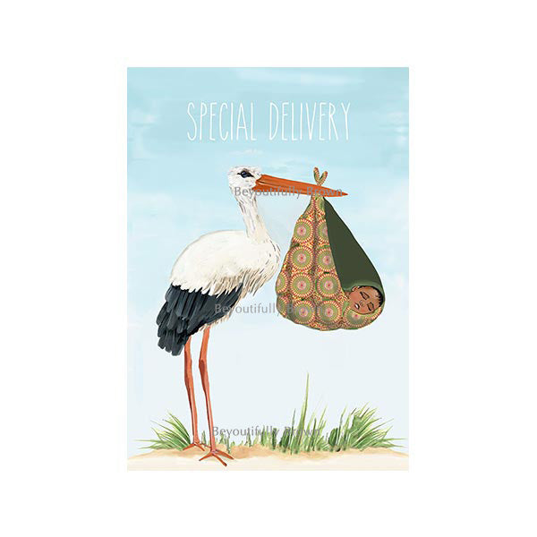 Greeting card with illustration of a stork carrying a new baby and 'Special Delivery' text