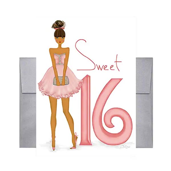 Sweet 16 Birthday Card with girl in a pink dress and 'Sweet 16' text on the cover