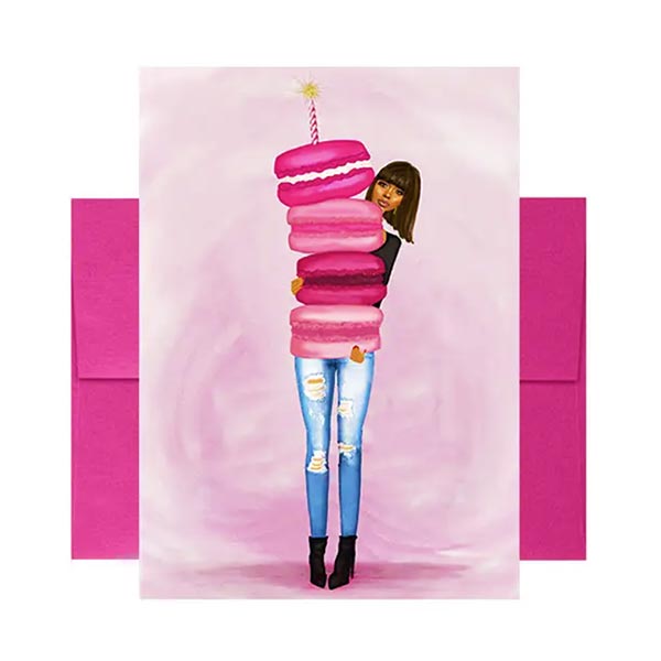 Sweet Birthday Greeting Card featuring lady with macarons