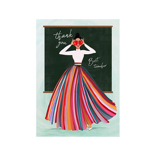 Teacher appreciation greeting card featuring a Teacher with apples and the text 'Thank You'