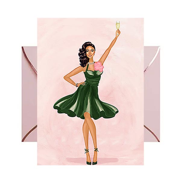Greeting card with illustration of a woman in a green dress giving a champagne toast on a pink background