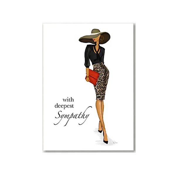 Greeting card with illustration of a woman in a hat and leopard print skirt and 'with deepest sympathy' text.