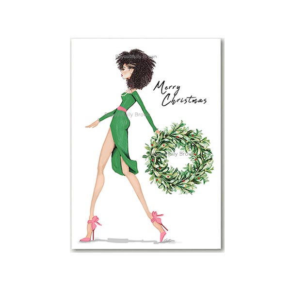 Wreath Walk in Pink & Green Holiday Card Set
